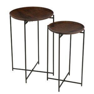 Set Van 2 Bijzettafels Rond Ijzer/Mangohout Bruin/Zwart?(46485)