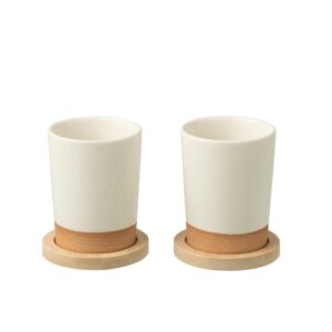 Doos Van 2 Tassen + Bamboubasis Keramiek Wit/Naturel (53853)