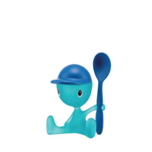 Eierdopje met zoutstrooier en lepel van thermoplastische hars, lichtblauw. Cico