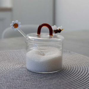 Glazen suikerpot met theelepel en gekleurde glasdecoraties met een bijenfiguur,800ml