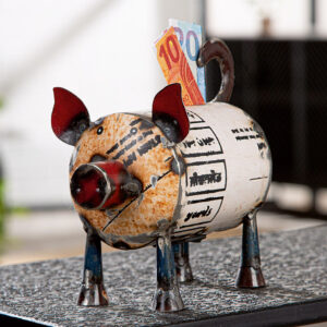 Money box,pig, "Piggy",metal, black,white
