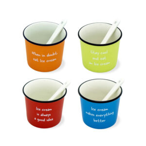 Set van 4 gekleurde ijsbekertjes met lepel, gemaakt van New Bone China porselein.