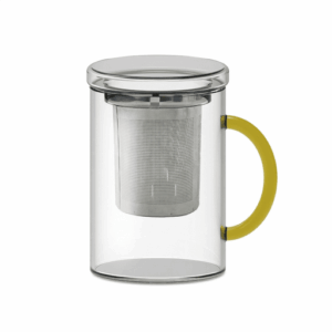 Theepot van borosilicaatglas met roestvrijstalen filter, geel handvat 420ml