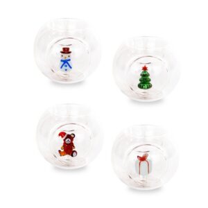 Glazen theelichthouder met gekleurd glazen figuurtje. Diverse kerstdecoraties; prijs per stuk