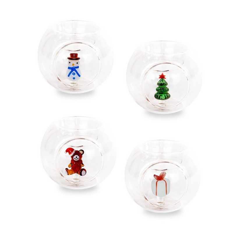 Glazen theelichthouder met gekleurd glazen figuurtje. Diverse kerstdecoraties; prijs per stuk